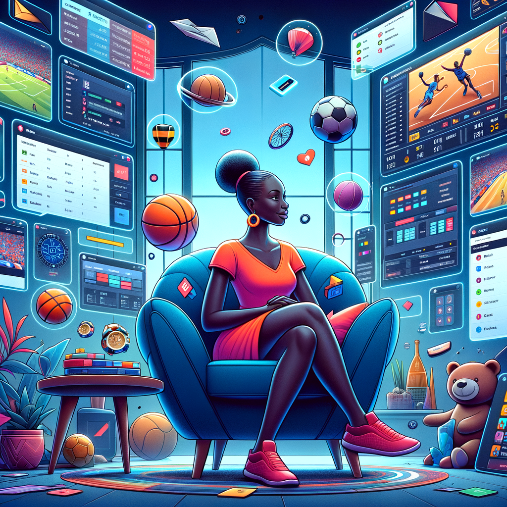 A dynamic digital illustration showing a person sitting comfortably at home with multiple screens displaying live sports events, betting odds, and real-time stats. One screen shows a clean user interface from an online bookmaker platform. Around the main character float visual icons representing football, basketball, tennis, and cricket. Subtle elements like digital wallets, credit cards, and a “Bet Builder” button highlight modern betting features. The atmosphere is exciting yet safe, reflecting responsible online betting. The style is sleek, semi-realistic digital art with clear lines and bold colors, suitable for a professional blog or magazine.